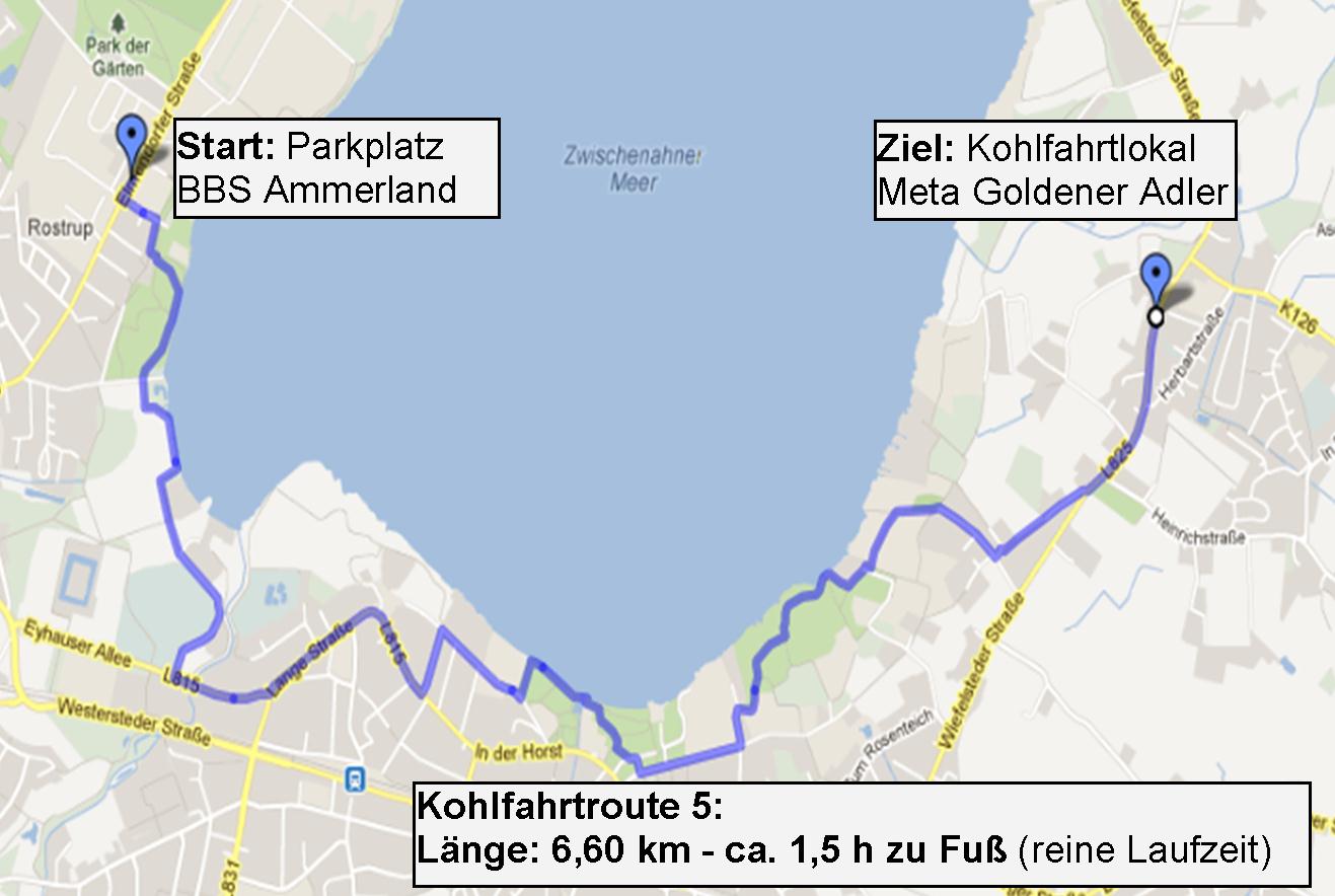 Karte Route 5 ab Rostrup durch den Kurpark